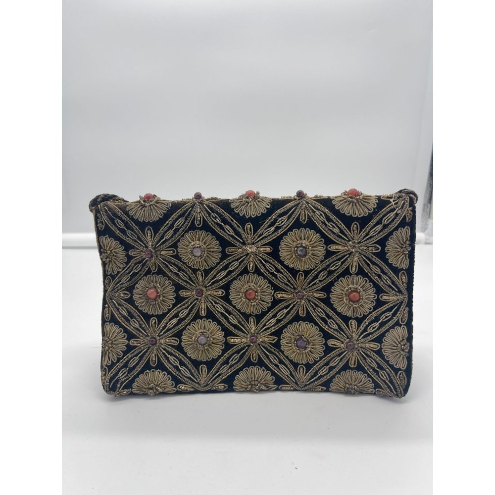 Vintage Kane M Black Velvet Gold Tinsel and Beaded Purse Handbag